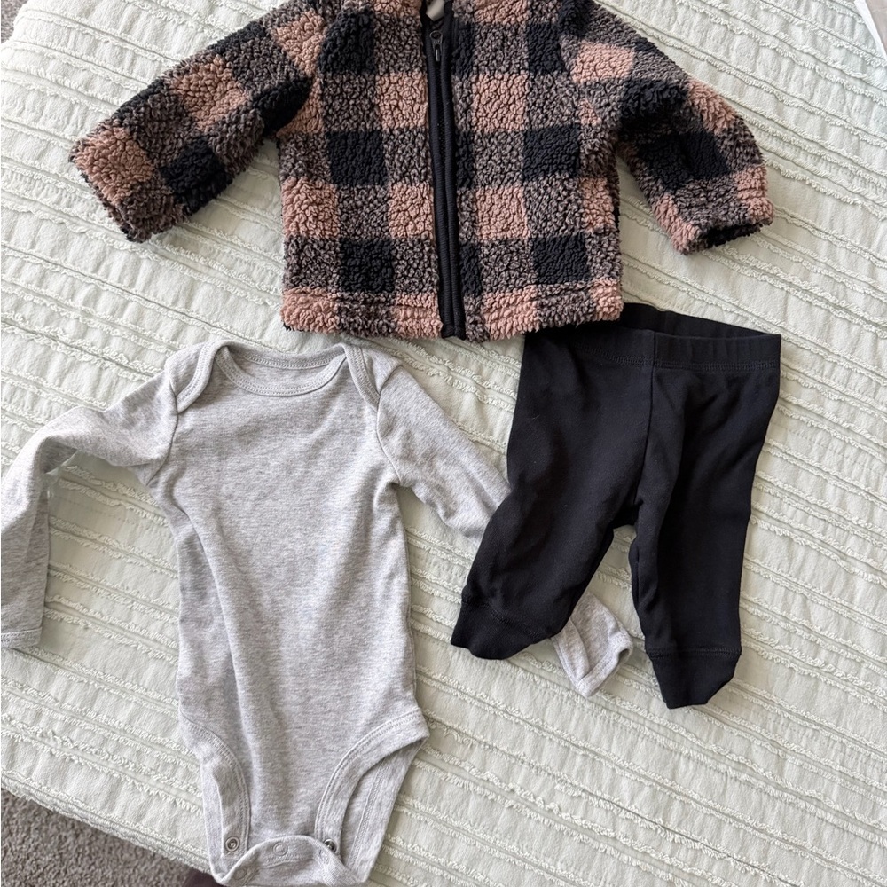 Carters Check Teddy Sherpa Jacket, Gray Onesie & Black Pants Set